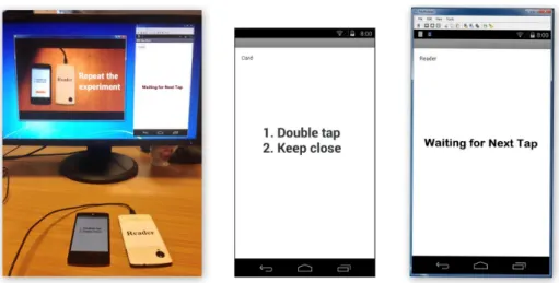 Figure 2.5: Left: Data collection environment, centre: Card app, and right: Reader app