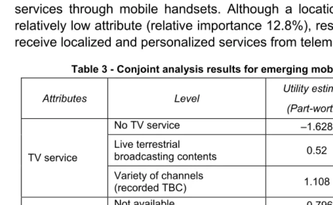 Table 3 - Conjoint analysis results for emerging mobile services (*) 