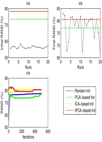 Figure 4.16: The clustering performance of random, PCA-based, ICA-based and IPCA-based initialization for iris dataset