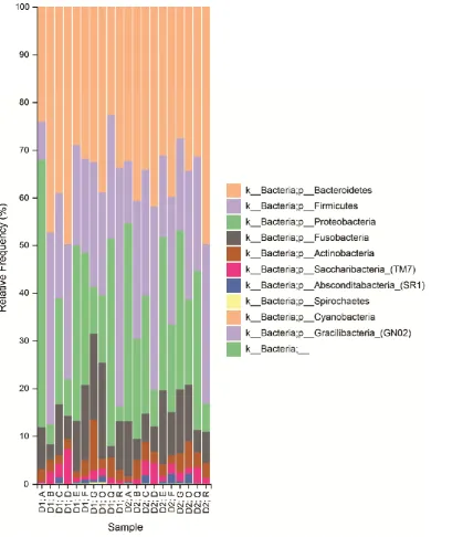 Fig. 4 Bacterial compositions at phylum level. Taxonomy of each ASV was assigned using a naïve Bayes classifier trained with the V3-V4 region of 16S rRNA genes in the eHOMD database