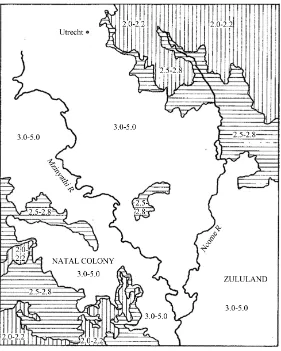 Figure 4. Grazing capacity of the region in hectares per animal unit (AU), where an AU is a beast with a mass of 450 kg consuming 10 kg of dry matter per day (Camp, 1999)