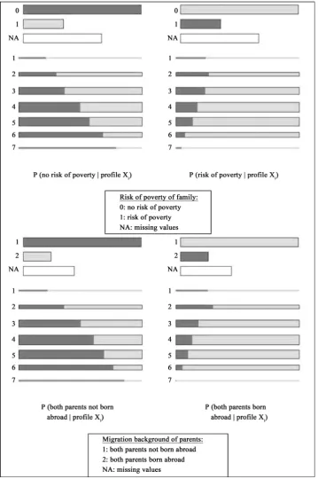 Figure 2. Identification of proportions of background characteristics within performance profiles by means of bar charts and spineplots (from characteristic values of the variables risk of poverty of family and migration background of parents to per-forman