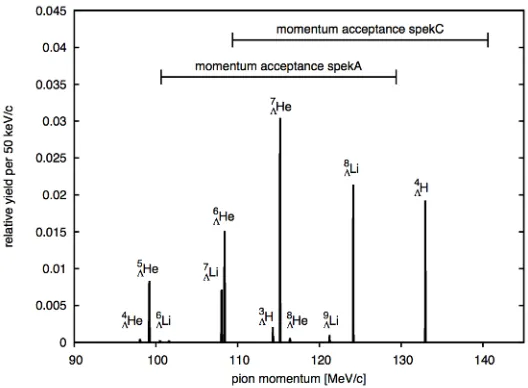 Fig. 2. Expected pion spectrum of the experiment performed at MAMI. Since the pions are produced by a twobody decay with a long lifetime (≈ 263 ps) narrow peaks are obtained