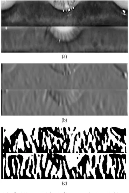 Fig. 5. a) Image obtained after normalization. b) After blurring the noise. c)  iris code using Gabor filter