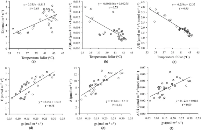 Figure 4. Transpiration—E (mmol∙m−2∙s−1), Quantum efficiency of photosynthesis—A/Qleaf (µmol de CO2 m−2∙s−1/µmol of photons m−2∙s−1, Instant water-use efficiency—A/E (µmol∙m−2∙s−1/mmol∙m−2∙s−1) according to the leaf temperature, transpira-tio—E(D) (mmol∙m−