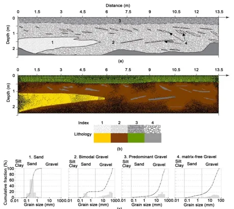 Figure 2. Lithological description (a); mesh and material distribution implemented in HYDRUS (b); and particle size distri-bution (cumulative fraction and frequency) of the four main lithofacies (c)