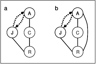 Fig. 4. Panel a and b show a life-history omnivore with juveniles competing with an unstructured consumer species (C) for a shared resource (R) and adults either feeding exclusively on C (panel a) or additionally on R (panel b)