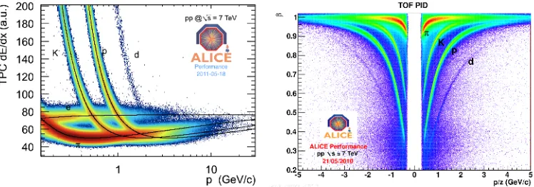 Fig. 1. Left: Speciﬁc ionization energy loss dE/dx vs. momentum for tracks measured with the ALICE TPC