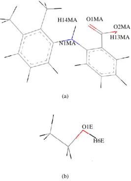 Fig. 1. Partialnumbering and labeling of (a) Mefenamic acid; and (b) Ethanol.  Color representation: Black: Hydrogen; Grey: Carbon; Blue: Nitrogen and 