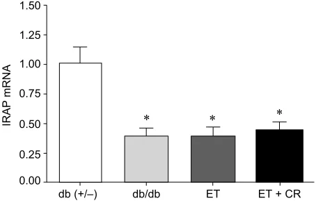 Figure 5 The effects of diabetes, ET, and CR on cardiac IRAP mRNA expression.lean control mice.Abbreviations:Notes: Values are reported as mean ± SEM for six mice per group