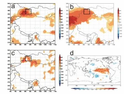 Figure 6. Spatial correlation coefficients of July-October NINO3 index of the previous year and summer moisture indicators, including a precipitation, b SPEI1 and c scPDSI