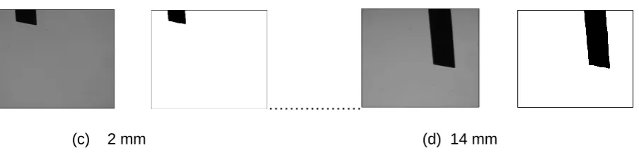 Fig 3: Gray scale and corresponding thresholded images. (a-d) Gray and thresholded images of reference, 1 mm, 2 mm and 14 mm tool movement respectively 