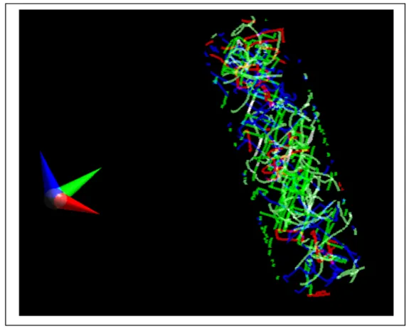 Figure 8. An intermediate snap-shot of the crystal dislocations simulation. The colors represent the dislocations lying in different slip-planes