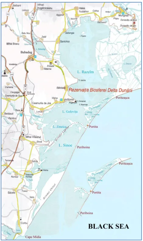 Fig. 1 – The Razelm-Sinoe lagoon complex and the littoral belt   between Periboina and Periteașca 