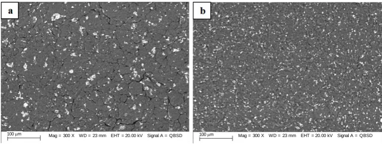 Figure 10. The SEM images of unmodified tourmaline/PA-66 (a) and modified tourmaline/PA-66 (b) composites