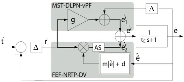 Figure 3.1: A dual pathway model for smooth pursuit, extend with temporal delays (Δ)to match the onset latency measured in psycho-physical experiments