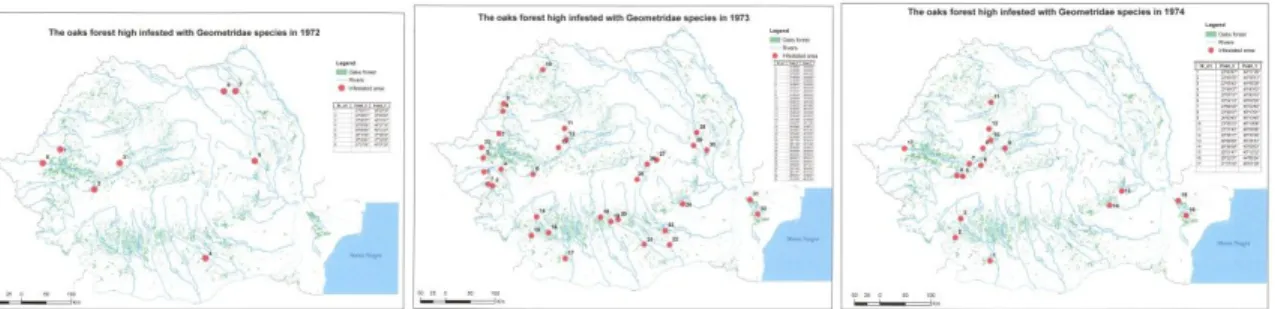 Figure 3. Spread of powerfull infestation with various species of Geometridae  in the  oak forests from Romania, the outbreak between 1972-1974 