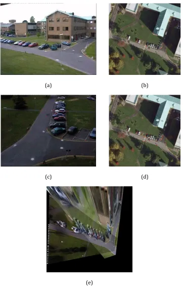Figure 3.2 Procedure for the homography estimation in the PETS’2001 dataset, (a) camera view a with selected feature points, (b) the top view with the corresponding feature points, (c) camera view b with selected feature points, (d) top view with the corre