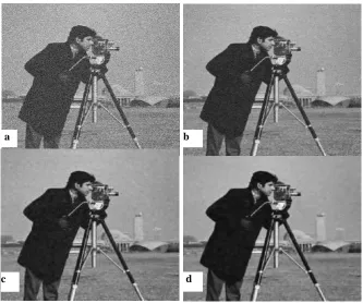 Fig 4: (a) Lena noisy image with σ = 25; (b) denoised image with TV regularization algorithm, PSNR=26.63; (c) denoised image with PCA in wavelet domain, PSNR=29.26; (d) denoised image with proposed algorithm, PSNR=29.83