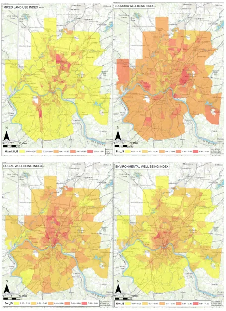Figure 4. Mixed land use, economic, social and environmental well-being ındices. Source: authors