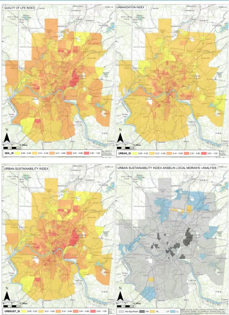 Figure 5. Quality of life, urbanization, urban sustainability indices and Anselin Moran’s I analysis