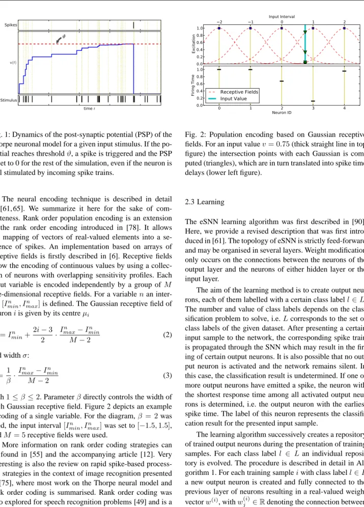 Fig. 1: Dynamics of the post-synaptic potential (PSP) of the Thorpe neuronal model for a given input stimulus