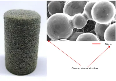 Figure 2-18 A sintered Ti cylinder formed through the 3D printing technique with its SEM image showing the necks between particles [110]