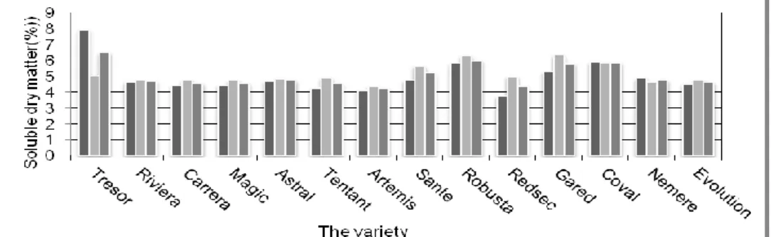 Figure 3 - The influence of variety and irrigation ceiling   on the content of soluble dry matter in potato tubers 