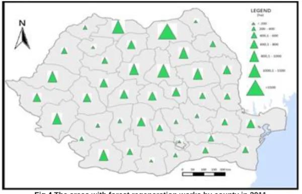 Fig 4 The areas with forest regeneration works by county in 2011 