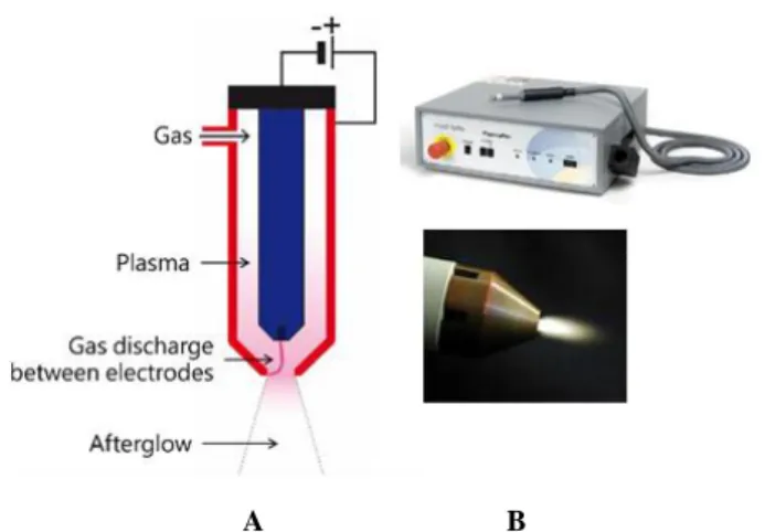 Fig. 2. Scheme of the experimental setup:   A) Arc discharge torch. B) Plasma pen