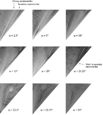Figure 2.6: Surface oil visualisation of the ﬂow over a sharp edged, 50◦sweep, delta wing at leading edge α = 0◦ − 25◦ [9].