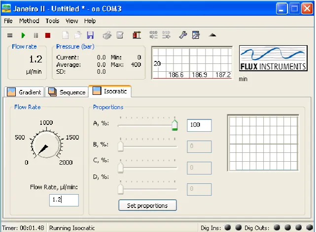 Figure 2.2.4. Flux Rheos Janeiro 3.0 software.  The user interface is shown, the features used for running the pump for DFGF include the maximum and warning pressure settings to prevent a build up pressure from damaging the membrane