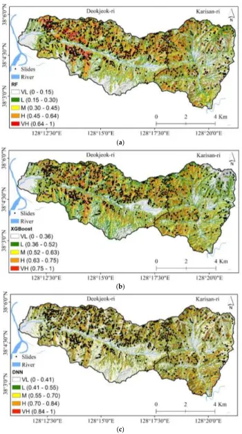 Figure 11. Landslide susceptibility maps: a) RF, b) XGBoost and c) DNN 