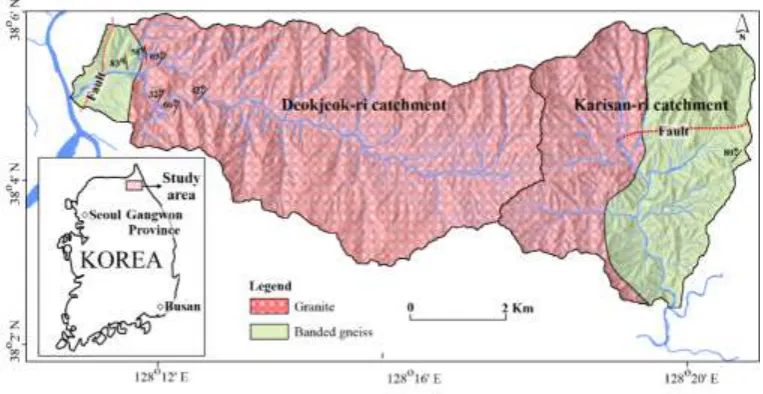 Figure 2 Landslide inventory map of Deokjeok-ri (Training data) and Karisan-ri Catchment (Testing data)