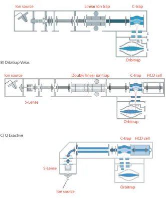 Figure 1.2.5: Three important members of the Orbitrap family A) The LTQ Orbitrap was theﬁrst hybrid instrument containing an Orbitrap cell [171]