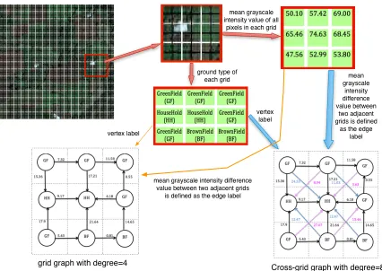 Figure 3.13: Process of Translating a satellite image into a “grid graph” and a “cross-grid graph” (the edge colour encoding is for ease of understanding only).