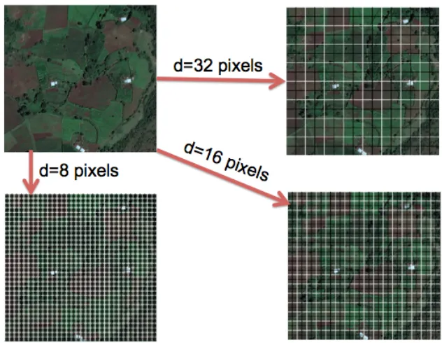 Figure 3.14: Satellite image represented in terms of three diﬀerent grid squares usingthree diﬀerent values for d.