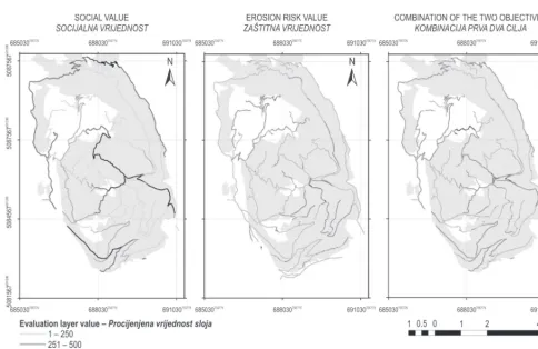 Fig. 2 Maps representing the evaluation layers considering different objectivesSlika 2