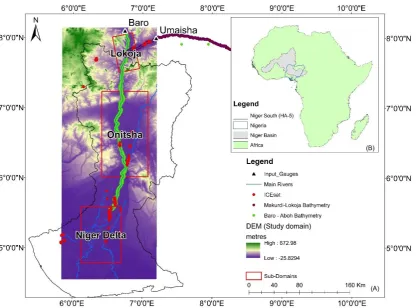 Figure 1 (A) Map of the study area, showing the Niger-South river basin (hydrological area 5), gauging stations, ICESat elevation points, bathymetry points, DEM/Model domain and sub-domains