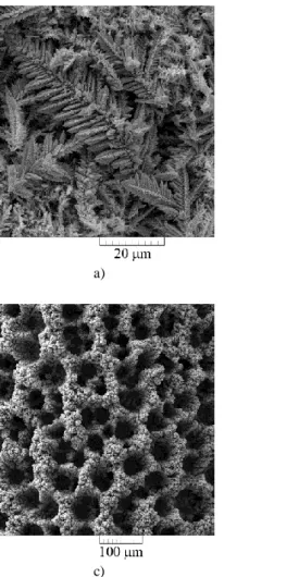 Fig. 3. Morphologies of: a) and b) silver, and c) and d) copper deposits  obtained by electrodeposition at an overpotential of 1000 mV 