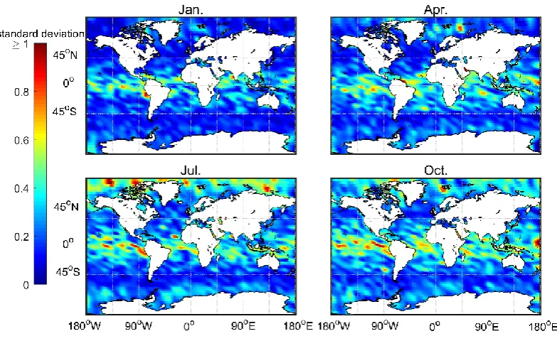 Figure 10. The distribution of standard deviation for the average MBLH over four months, based on COSMIC's 2007 – 2011 'atmprf' bending angle data