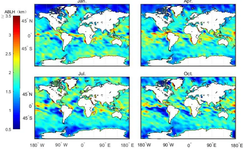 Figure 6. Average MBLH over four months based on the 2007 - 2011 CDAAC "atmprf" bending 
