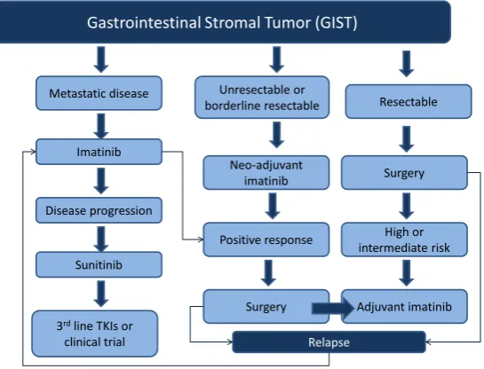 Figure 1. Framework of management of gastrointestinal stromal tumors (GIST). This flowchart provides a summarized framework for the management of re-sectable, unresectable/borderline resectable, and metastatic gastrointestinal stro- mal tumors