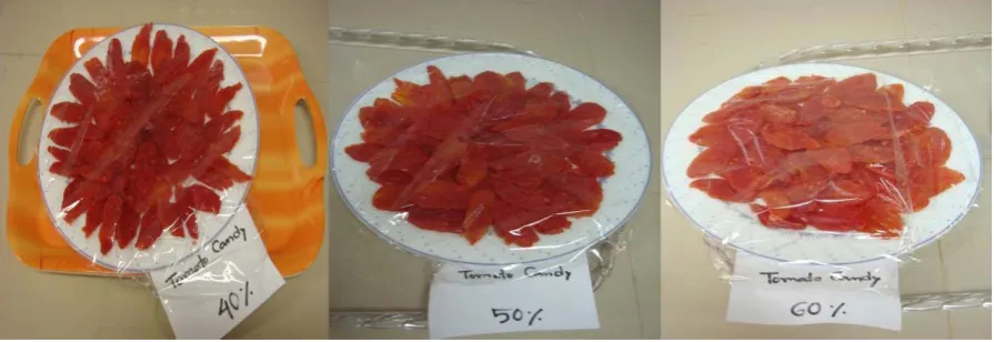 Figure 1. Tomato candy with 40%, 50% and 60% sugar solution. 
