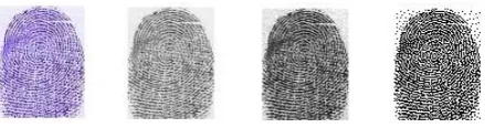 Figure 1: a) Original Image, b) Grayscale Image, c) Histogram equalized image, d) Binarized image 