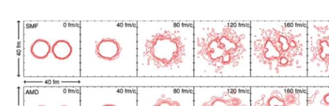 Figure 4: Time evolution of density proﬁles obtained by SMF (upper) and AMD(lower), for central 112Sn + 112Sn collisions at 50 MeV/nucleon