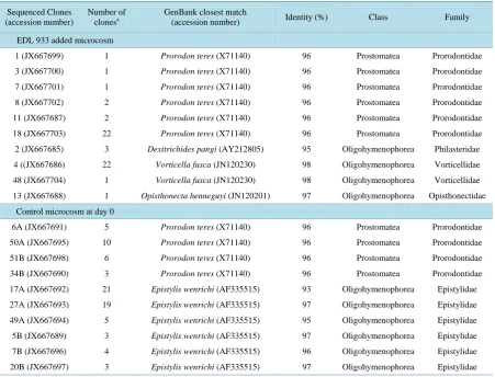 Table 1. BLAST search results of ciliate 18S rDNA clones from EDL 933-treated ciliate population after 53 days and no bacteria added control at day 0