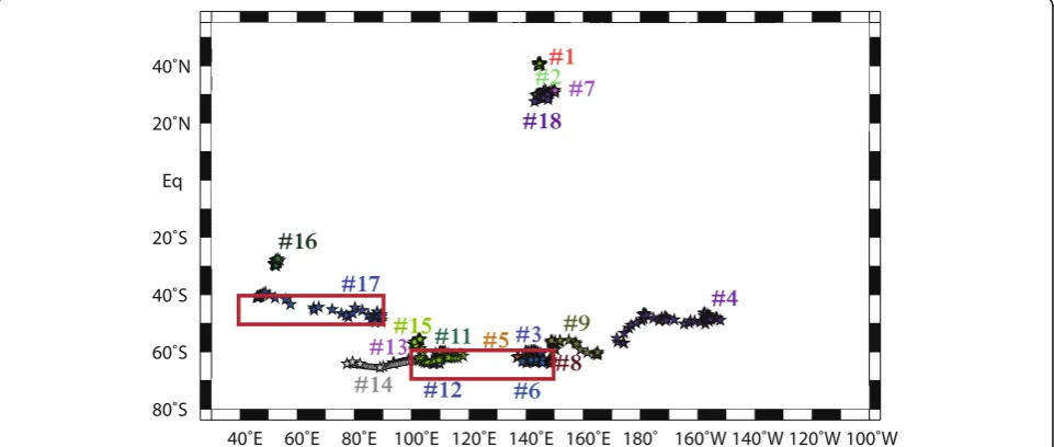 Fig. 1 Trajectories of the Deep NINJA floats listed in Table 1. Red rectangles show the analytical areas for Figs
