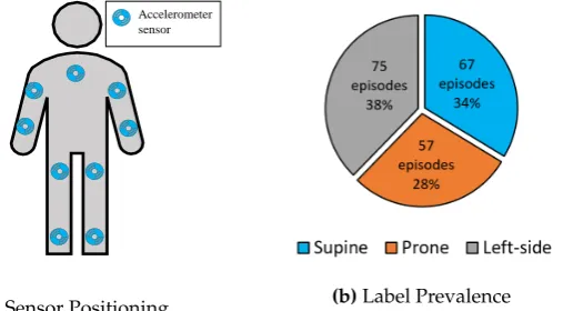 Figure 2. (a) Visualization of accelerometer sensor positioning, and (b) activity prevalence for Class-Actdataset