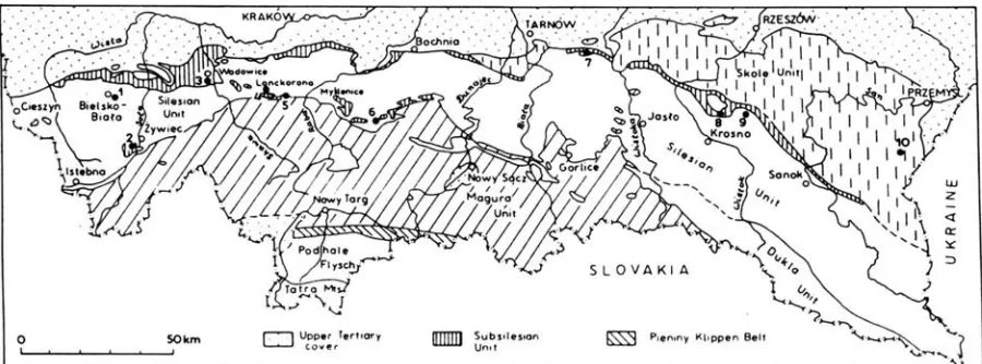 Figure 1. Tectonic units of the Polish Outer Carpathians (modified after Ksiazkiewicz, 1968), with localities indicated